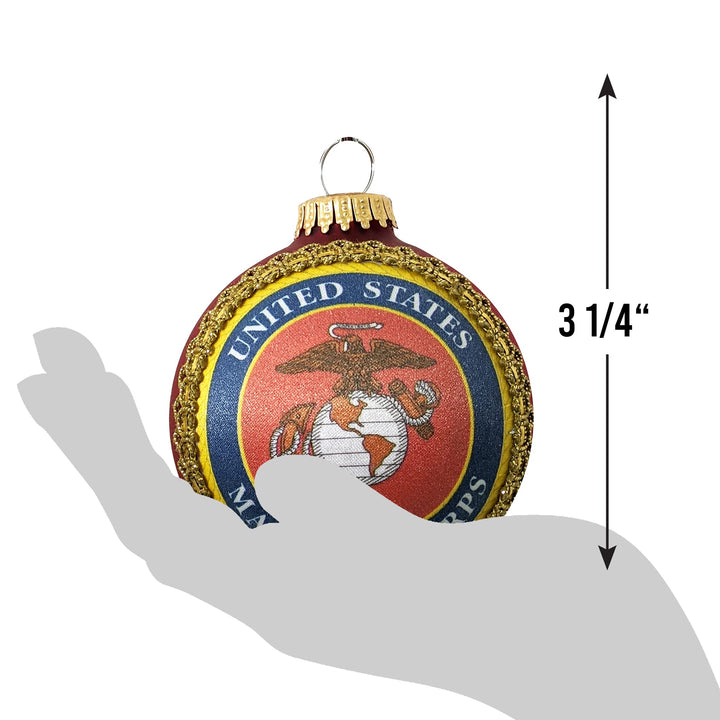 Christmas Tree Ornaments Made in the USA - 80mm / 3.25" Decorated Collectible Glass Balls from Christmas by Krebs - Handmade Hanging Holiday Decoration for Trees (USMC Logo and Hymn, Silk)