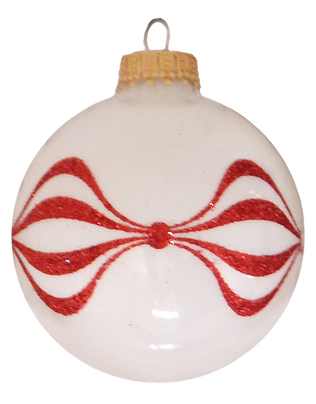 Glass Christmas Tree Ornaments - 67mm/2.63" [4 Pieces] Decorated Balls from Christmas by Krebs Seamless Hanging Holiday Decor (Snow Sparkle with Red Finial Ripples)