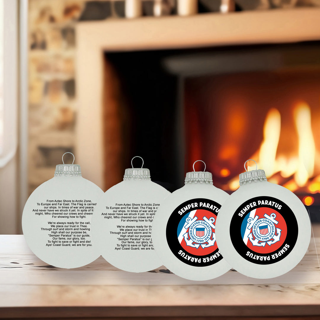 Christmas Tree Ornaments Made in the USA - 80mm / 3.25" Decorated Collectible Glass Balls from Christmas by Krebs - Handmade Hanging Holiday Decoration for Trees (USCG Logo & Hymn)