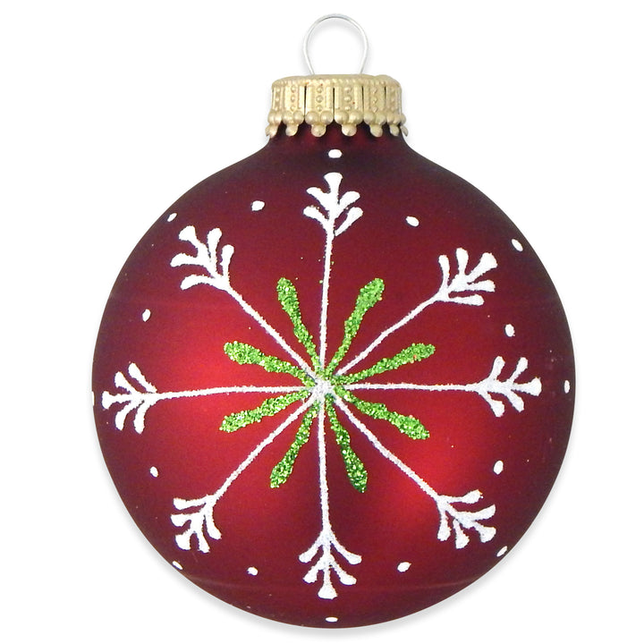 Glass Christmas Tree Ornaments - 67mm/2.625" [4 Pieces] Decorated Balls from Christmas by Krebs Seamless Hanging Holiday Decor (Silver Pearl, Red & Green Velvet with Thin Snowflakes)