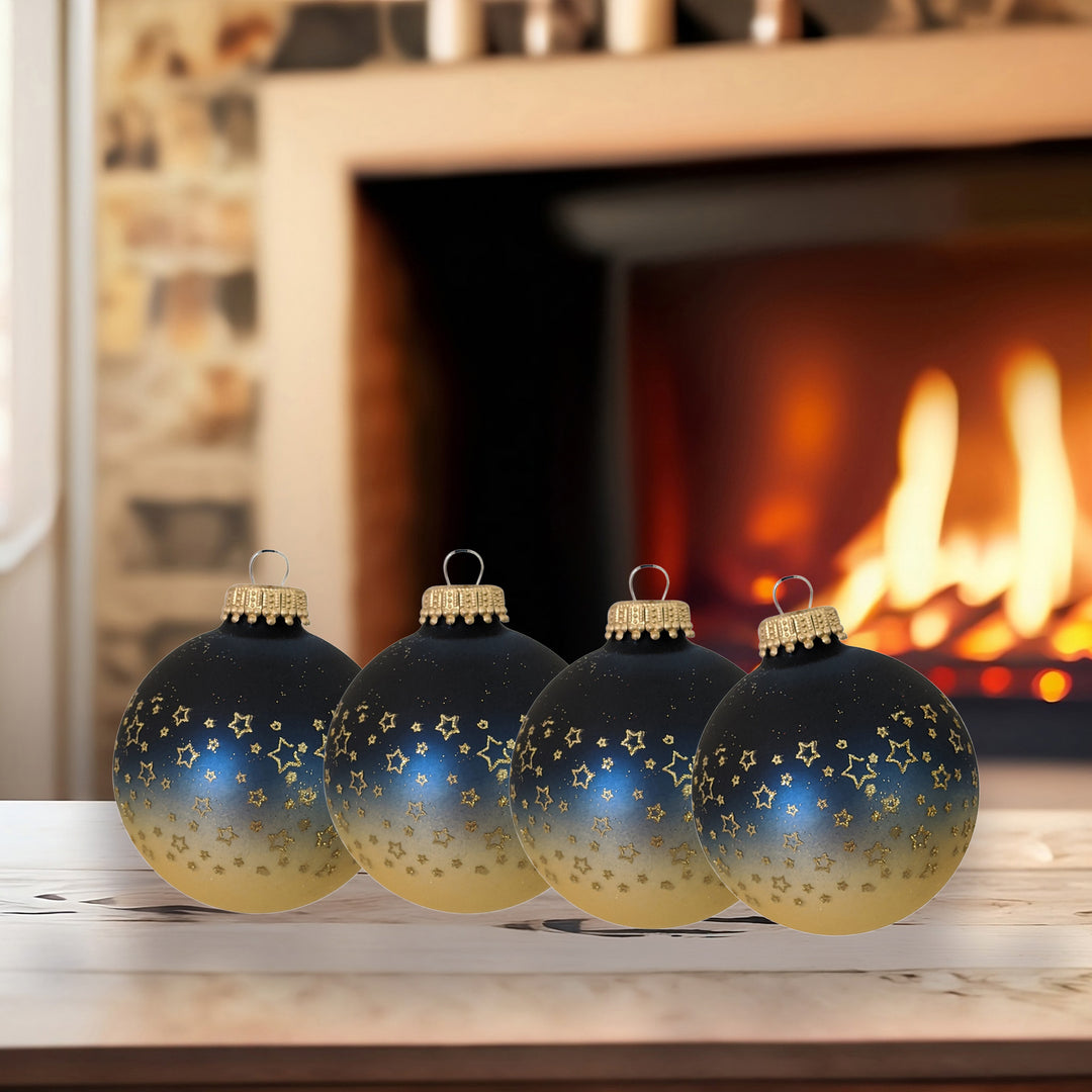 Glass Christmas Tree Ornaments - 67mm/2.63" [4 Pieces] Decorated Balls from Christmas by Krebs Seamless Hanging Holiday Decor (Midnight Haze Blue and Chiffon Gold With Stars)