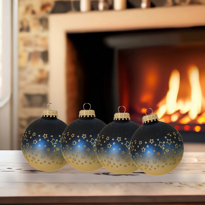 Glass Christmas Tree Ornaments - 67mm/2.63" [4 Pieces] Decorated Balls from Christmas by Krebs Seamless Hanging Holiday Decor (Midnight Haze Blue and Chiffon Gold With Stars)