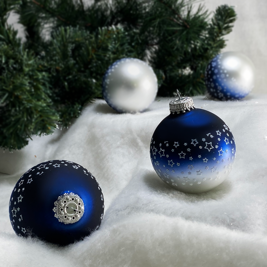 Glass Christmas Tree Ornaments - 67mm/2.63" [4 Pieces] Decorated Balls from Christmas by Krebs Seamless Hanging Holiday Decor (Blue & Silver w/ White Glitter Star Band)