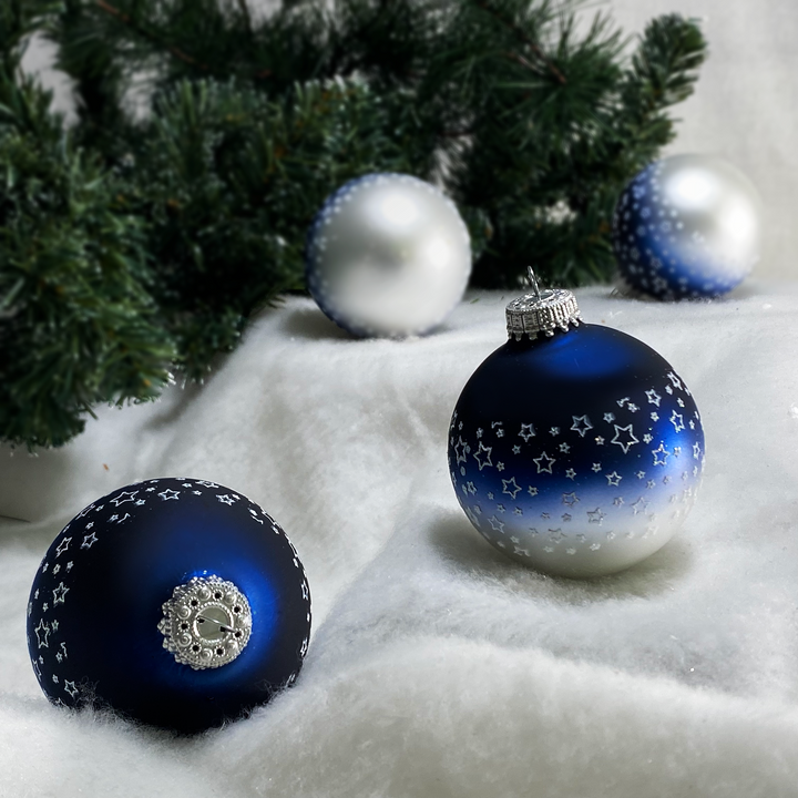 Glass Christmas Tree Ornaments - 67mm/2.63" [4 Pieces] Decorated Balls from Christmas by Krebs Seamless Hanging Holiday Decor (Blue & Silver w/ White Glitter Star Band)