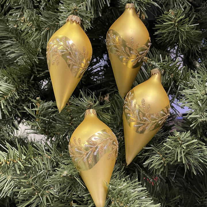 Glass Christmas Tree Ornaments - 67mm/2.63" [4 Pieces] Decorated Balls from Christmas by Krebs Seamless Hanging Holiday Decor (Gold Velvet 4" Drop with Leaves)