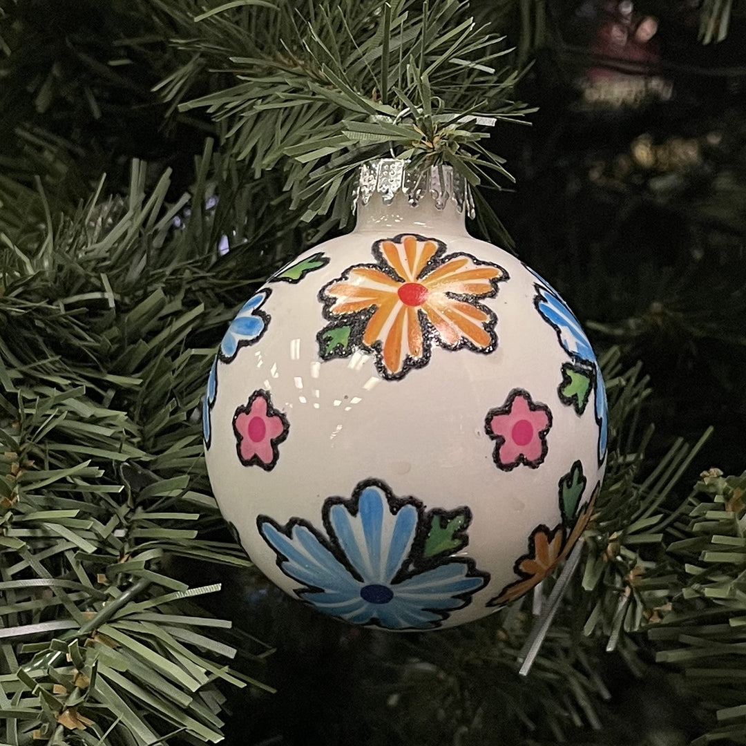 Glass Christmas Tree Ornaments - 67mm/2.63" [4 Pieces] Decorated Balls from Christmas by Krebs Seamless Hanging Holiday Decor (Porcelain White with Boho Flowers)