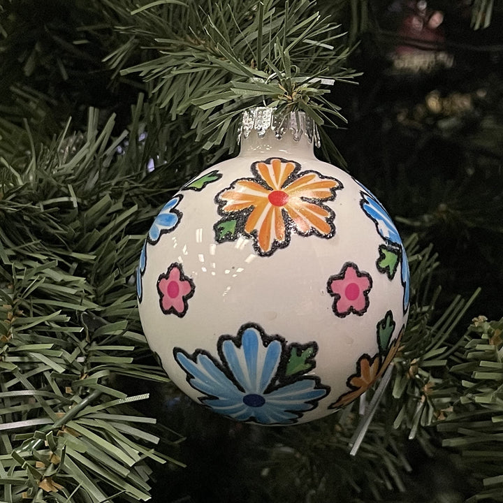 Glass Christmas Tree Ornaments - 67mm/2.63" [4 Pieces] Decorated Balls from Christmas by Krebs Seamless Hanging Holiday Decor (Porcelain White with Boho Flowers)