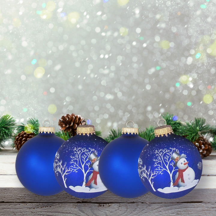 Glass Christmas Tree Ornaments - 67mm / 2.63" [8 Pieces] Designer Balls from Christmas By Krebs Seamless Hanging Holiday Decor (Royal Velvet Blue with Bell Ringer Snowman)