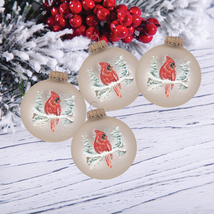 Glass Christmas Tree Ornaments - 67mm/2.625" [4 Pieces] Decorated Balls from Christmas by Krebs Seamless Hanging Holiday Decor (Velvet Oyster with Cardinal)