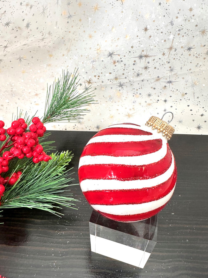 Glass Christmas Tree Ornaments - 67mm/2.63" [4 Pieces] Decorated Balls from Christmas by Krebs Seamless Hanging Holiday Decor (Porcelain White with Red Swirls)