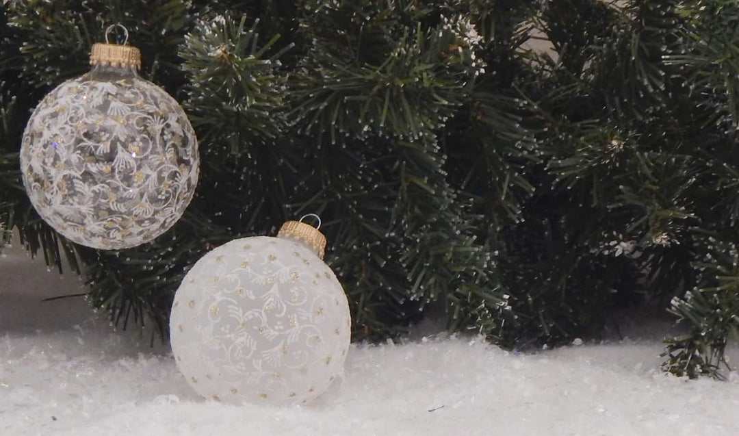 Glass Christmas Tree Ornaments - 67mm/2.63" [4 Pieces] Decorated Balls from Christmas by Krebs Seamless Hanging Holiday Decor (Clear and Frost with Lace and Gold Sparkles)