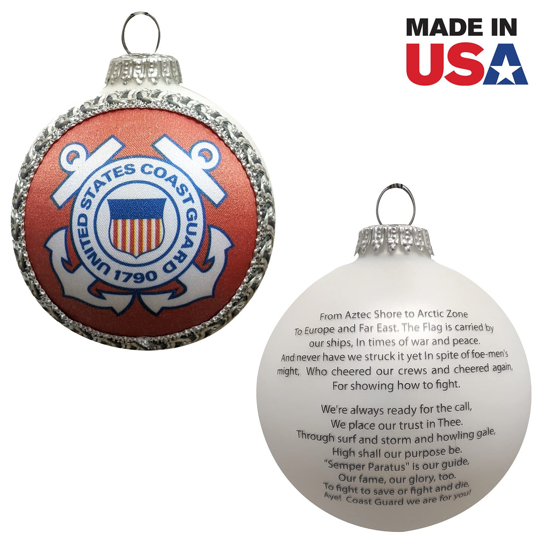 Christmas Tree Ornaments Made in the USA - 80mm / 3.25" Decorated Collectible Glass Balls from Christmas by Krebs - Handmade Hanging Holiday Decoration for Trees (USCG Logo & Hymn, Silk)