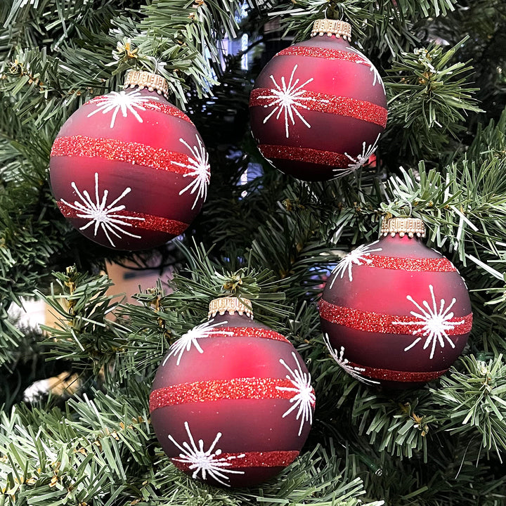 Glass Christmas Tree Ornaments - 67mm/2.63" [4 Pieces] Decorated Balls from Christmas by Krebs Seamless Hanging Holiday Decor (Red Velvet with Starbursts and Stripes)