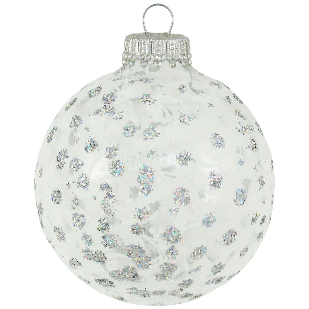 Glass Christmas Tree Ornaments - 67mm/2.63" [4 Pieces] Decorated Balls from Christmas by Krebs Seamless Hanging Holiday Decor (Clear with White Lace and Silver Sparkles)