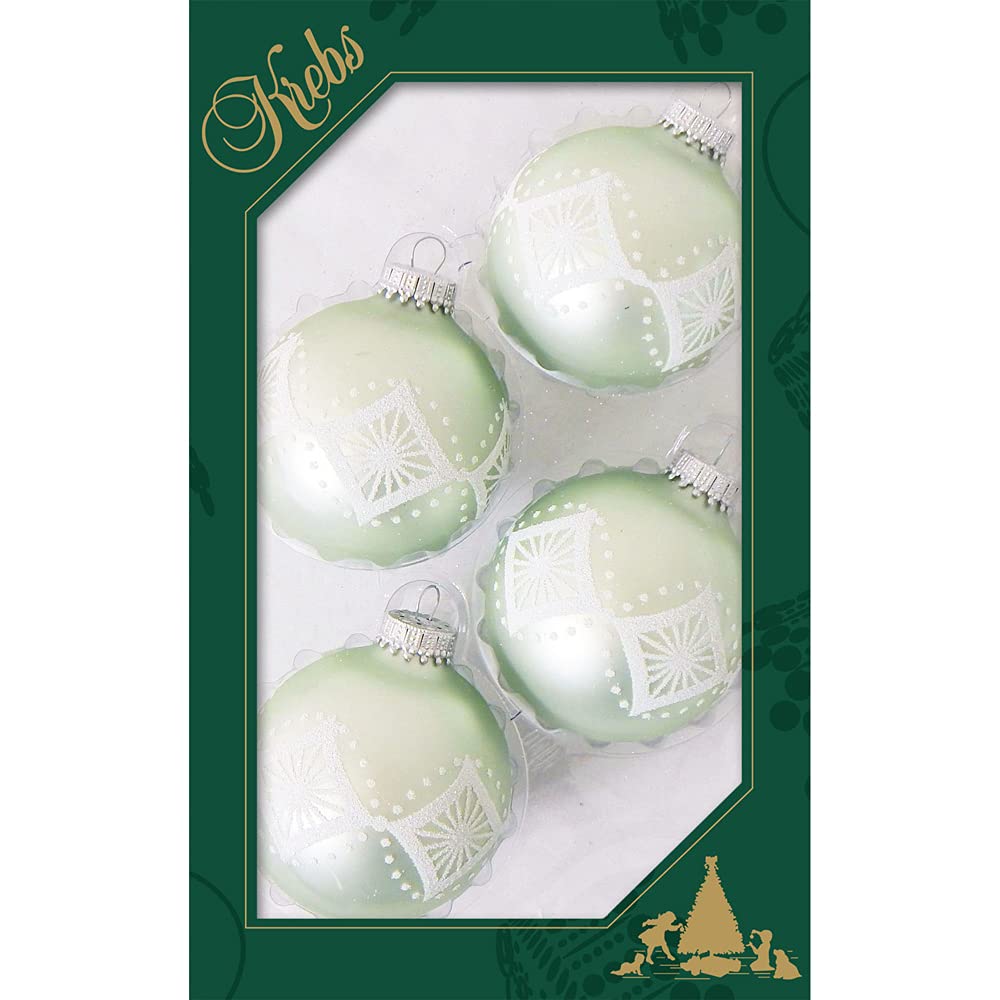 Glass Christmas Tree Ornaments - 67mm/2.625" [4 Pieces] Decorated Balls from Christmas by Krebs Seamless Hanging Holiday Decor (Beach Glass Green Velvet with White Star Diamonds)