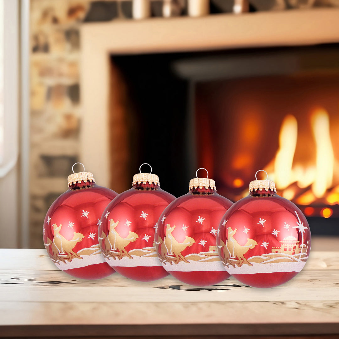 Glass Christmas Tree Ornaments - 67mm/2.63" [4 Pieces] Decorated Balls from Christmas by Krebs Seamless Hanging Holiday Decor (Christmas Red with Bethlehem Scene)