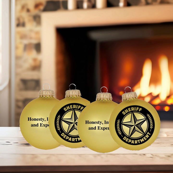 Christmas Tree Ornaments - 80mm / 3.25" Decorated Collectible Glass Balls from Christmas by Krebs - Handmade Hanging Holiday Decorations for Trees (Sherriff Logo on Gold Velvet)