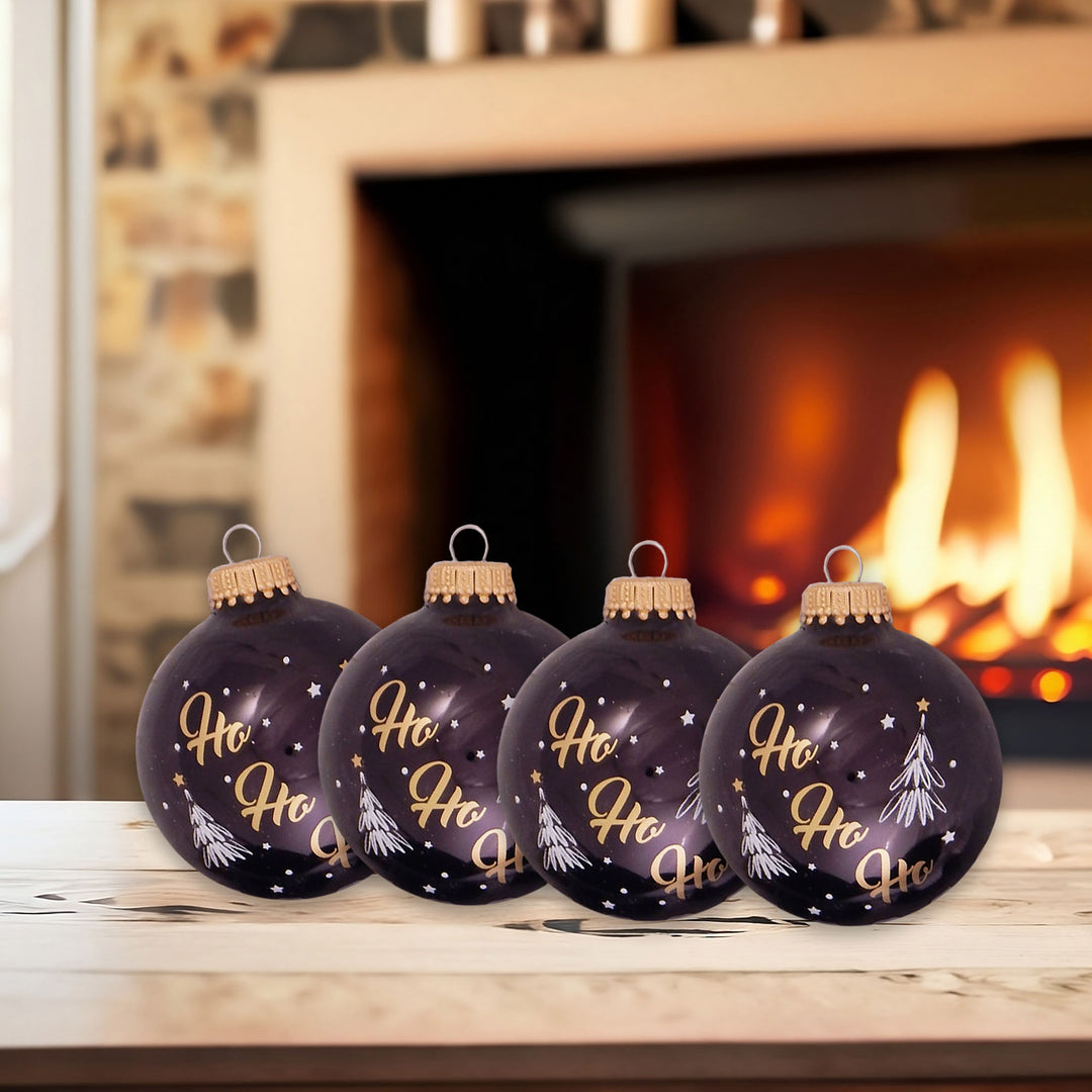 Glass Christmas Tree Ornaments - 67mm/2.625" [4 Pieces] Decorated Balls from Christmas by Krebs Seamless Hanging Holiday Decor (Ebony Shiny with Ho Ho Ho)