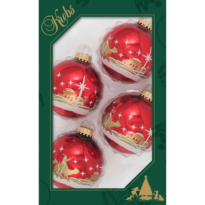 Glass Christmas Tree Ornaments - 67mm/2.63" [4 Pieces] Decorated Balls from Christmas by Krebs Seamless Hanging Holiday Decor (Christmas Red with Bethlehem Scene)