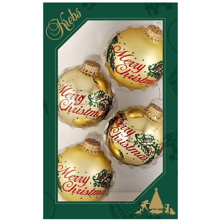 Glass Christmas Tree Ornaments - 67mm/2.63" [4 Pieces] Decorated Balls from Christmas by Krebs Seamless Hanging Holiday Decor (Aztec Gold & Gold Velvet with Red "Merry Christmas" and Green Glitter Leaves)