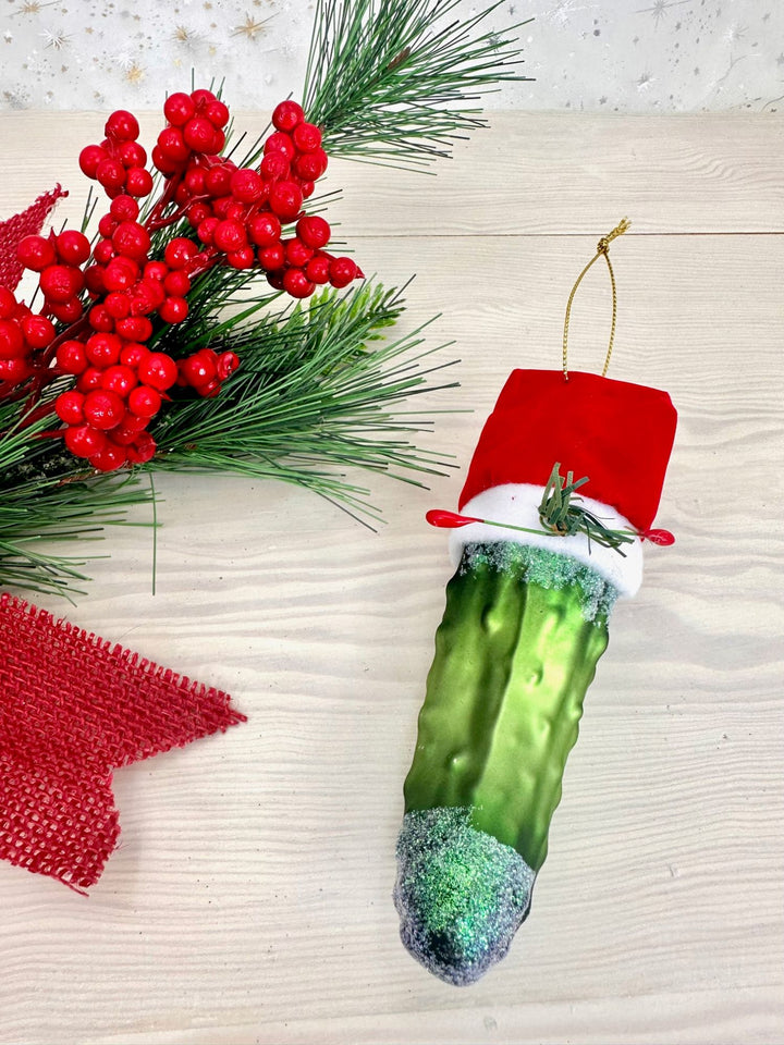 Christmas By Krebs Blown Glass  Collectible Tree Ornaments (5.5" Christmas Pickle with Santa Hat)