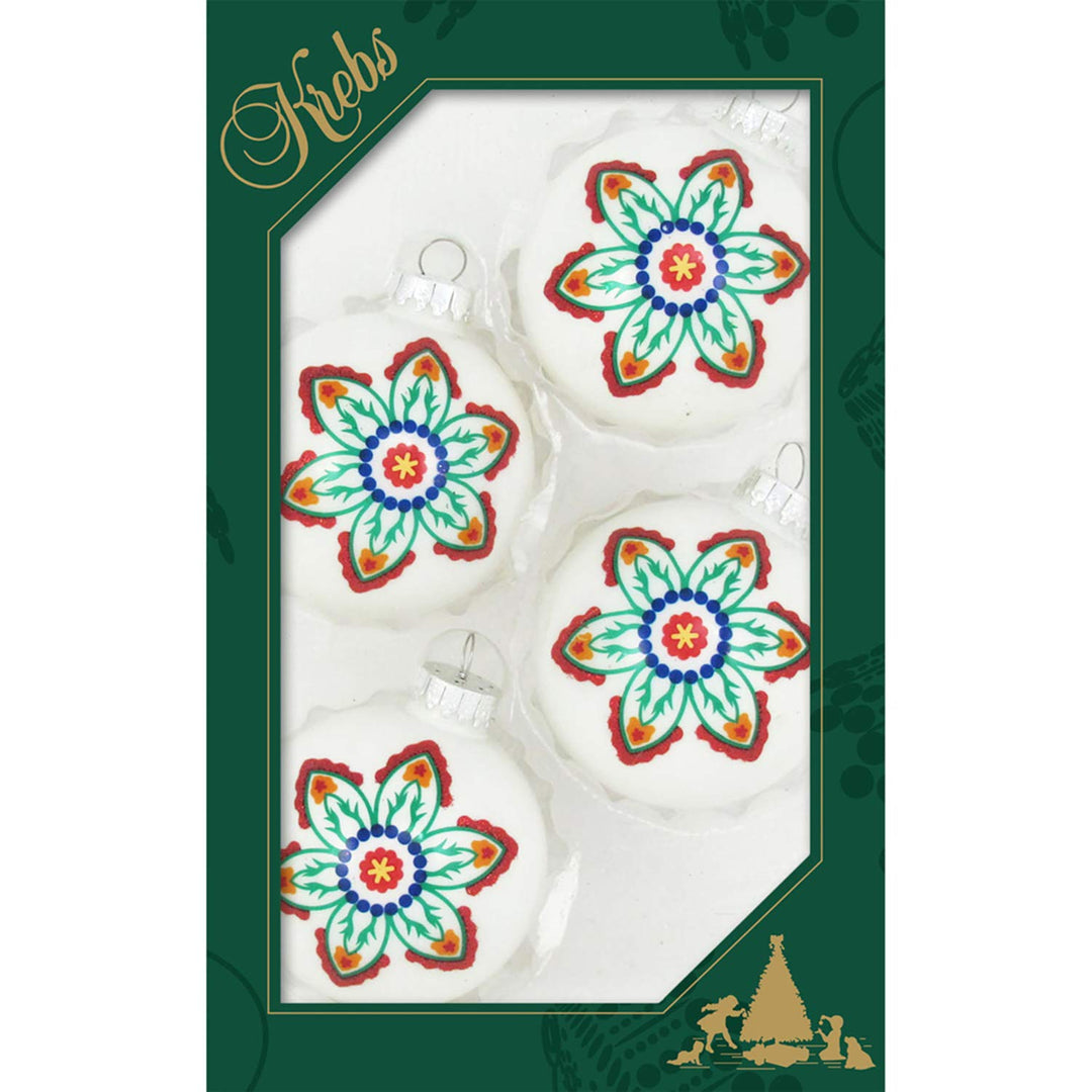 Glass Christmas Tree Ornaments - 67mm/2.63" [4 Pieces] Decorated Balls from Christmas by Krebs Seamless Hanging Holiday Decor (Porcelain White with Large Flower)