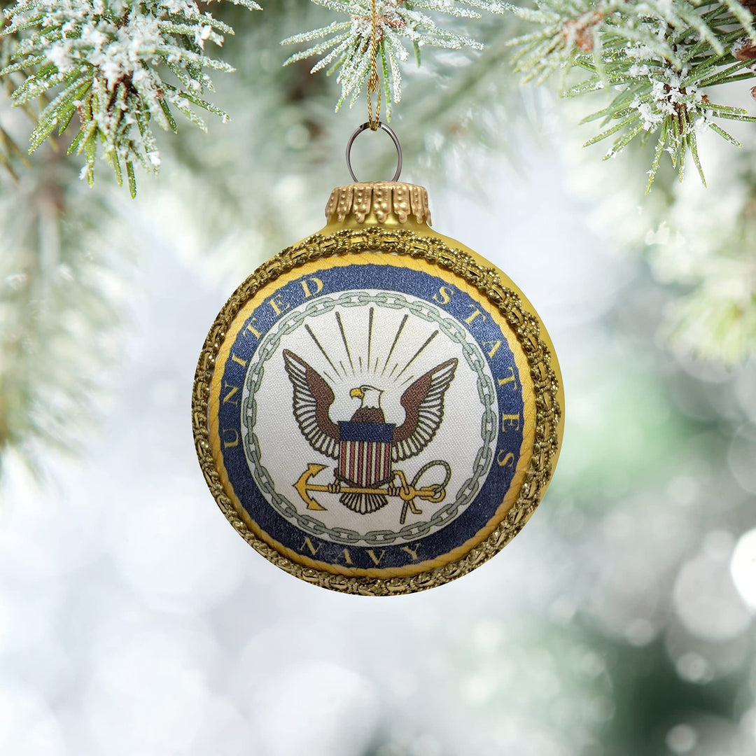 Christmas Tree Ornaments Made in the USA - 80mm / 3.25" Decorated Collectible Glass Balls from Christmas by Krebs - Handmade Hanging Holiday Decoration for Trees (USN Logo and Hymn, Silk)