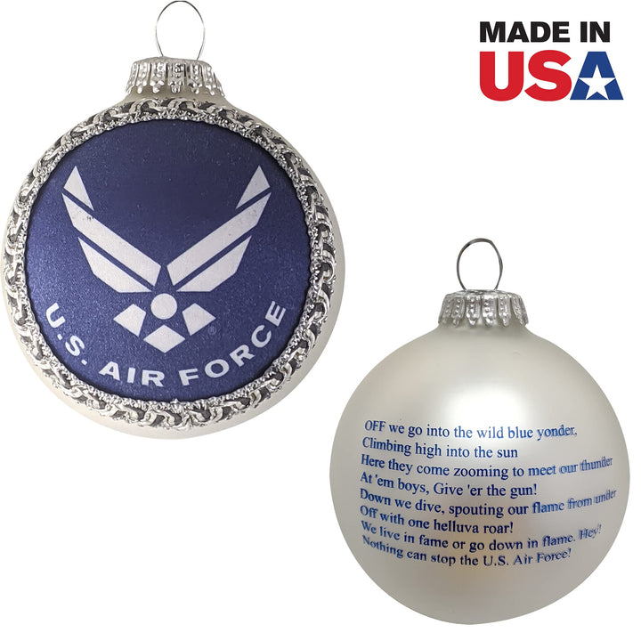 Christmas Tree Ornaments Made in the USA - 80mm / 3.25" Decorated Collectible Glass Balls from Christmas by Krebs - Handmade Hanging Holiday Decoration for Trees (USAF Logo and Hymn, Silk)