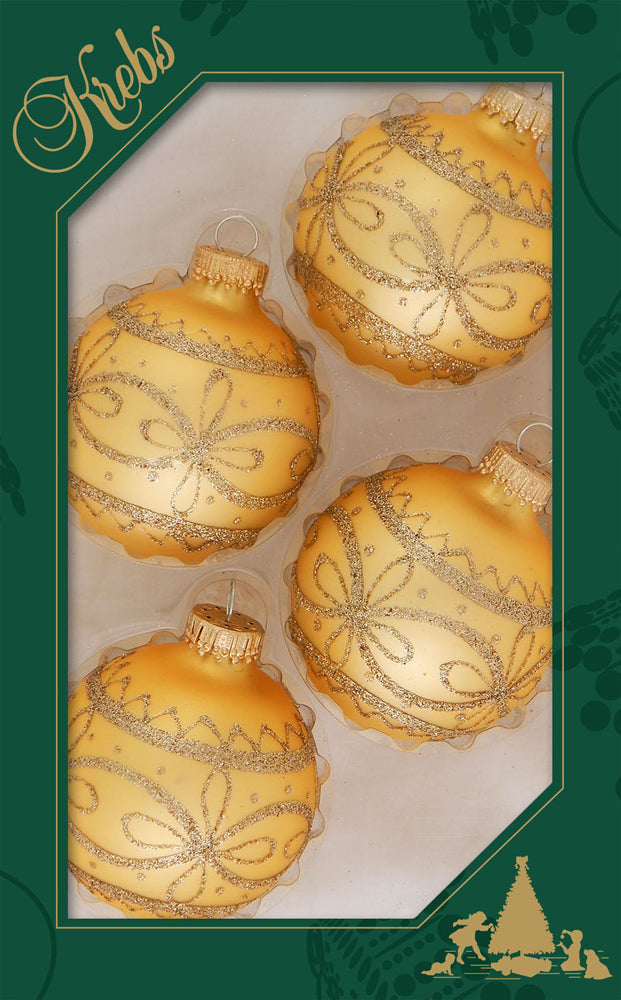 Glass Christmas Tree Ornaments - 67mm/2.625" [4 Pieces] Decorated Balls from Christmas by Krebs Seamless Hanging Holiday Decor (Velvet Gold with Lacy Design)
