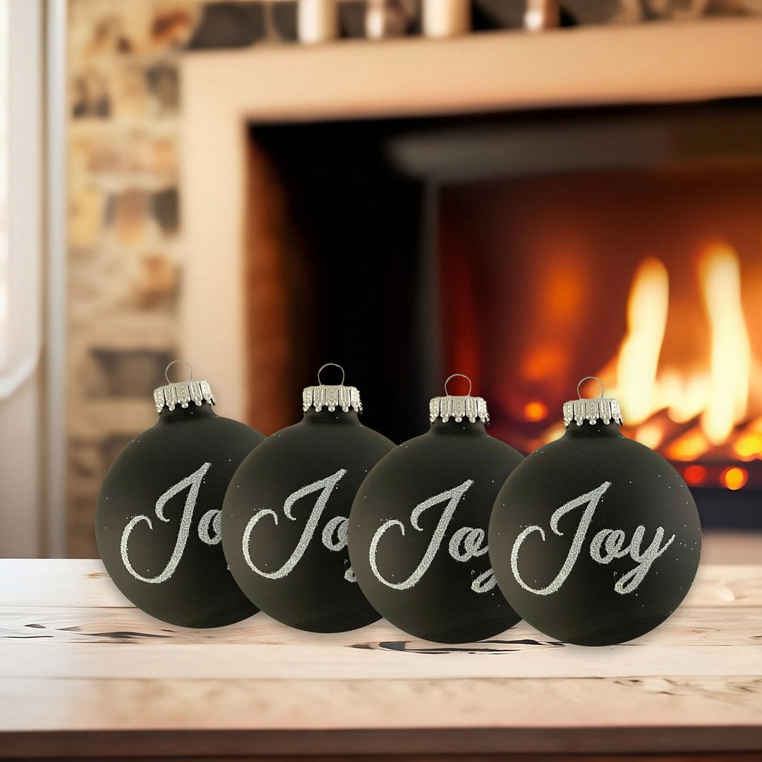 Glass Christmas Tree Ornaments - 67mm/2.625" [4 Pieces] Decorated Balls from Christmas by Krebs Seamless Hanging Holiday Decor (Ebony Velvet with White Glitter Joy)
