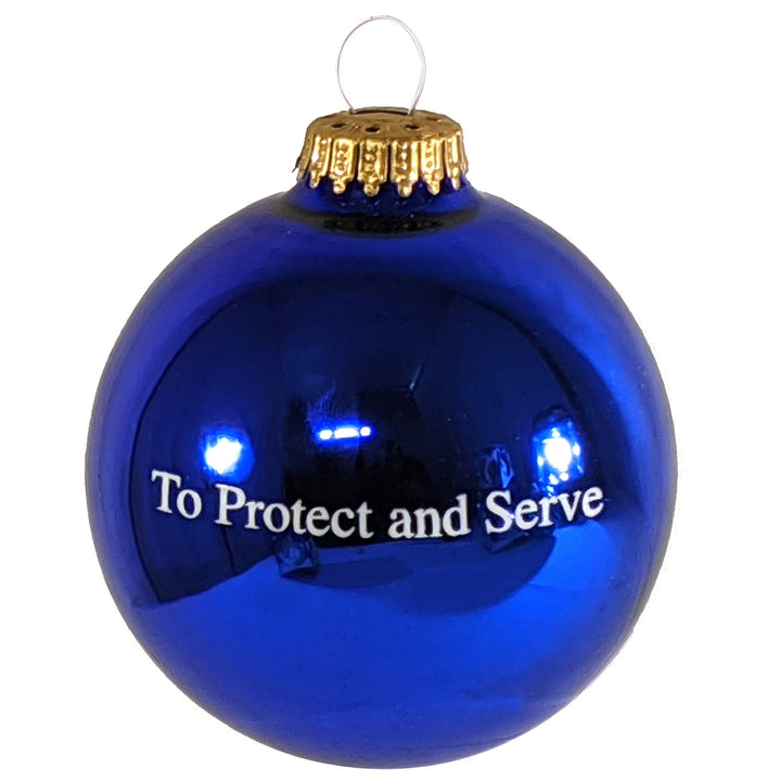 Christmas Tree Ornaments - 80mm / 3.25" Decorated Collectible Glass Balls from Christmas by Krebs - Handmade Hanging Holiday Decorations for Trees (Victoria Blue with Police Shield Gift)