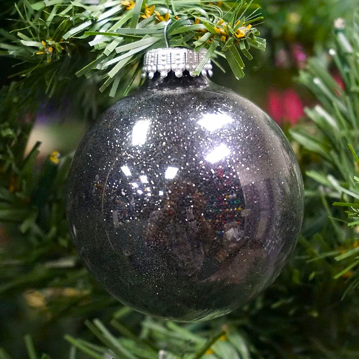 Glass Christmas Tree Ornaments - 67mm / 2.63" [6 Pieces] Designer Balls from Christmas By Krebs Seamless Hanging Holiday Decor (Black Sparkle)