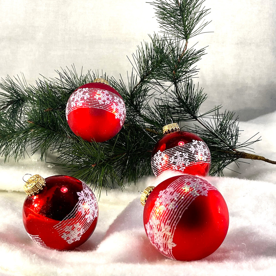 Glass Christmas Tree Ornaments - 67mm/2.63" [4 Pieces] Decorated Balls from Christmas by Krebs Seamless Hanging Holiday Decor (Brilliant Red Shine with Blowing Snowflakes)