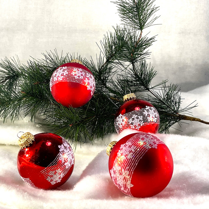 Glass Christmas Tree Ornaments - 67mm/2.63" [4 Pieces] Decorated Balls from Christmas by Krebs Seamless Hanging Holiday Decor (Brilliant Red Shine with Blowing Snowflakes)