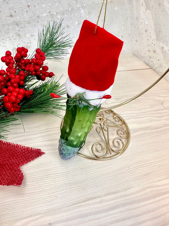 Christmas By Krebs Blown Glass  Collectible Tree Ornaments (5.5" Christmas Pickle with Santa Hat)