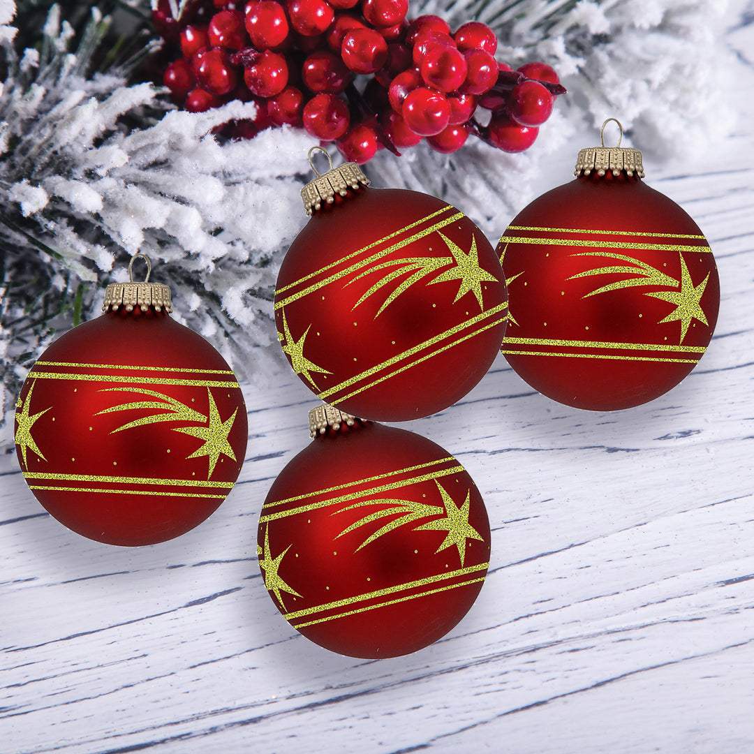 Glass Christmas Tree Ornaments - 67mm/2.625" [4 Pieces] Decorated Balls from Christmas by Krebs Seamless Hanging Holiday Decor (Port Velvet with Gold Shooting Star)