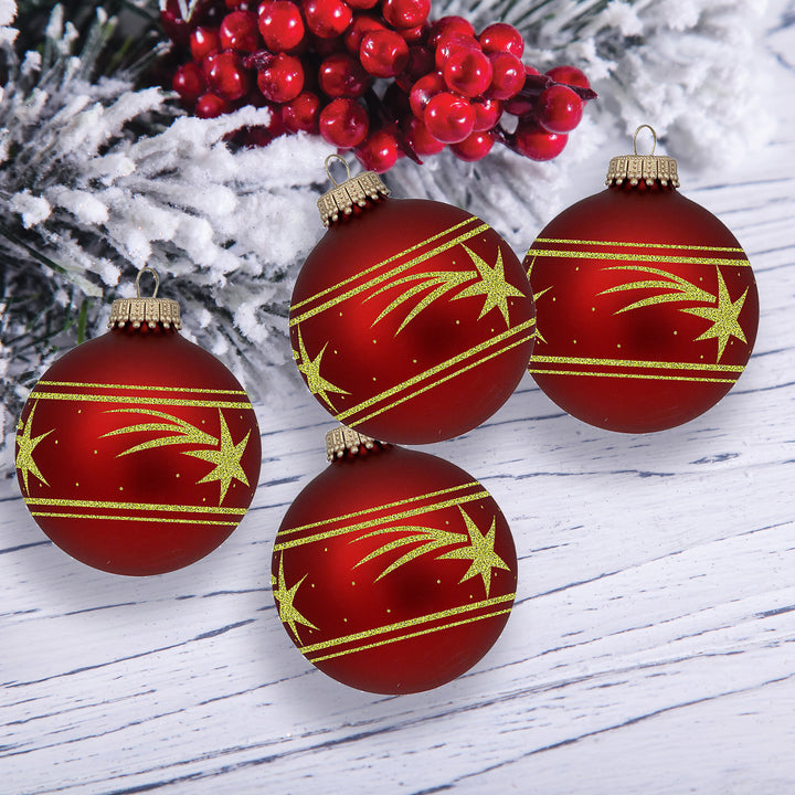 Glass Christmas Tree Ornaments - 67mm/2.625" [4 Pieces] Decorated Balls from Christmas by Krebs Seamless Hanging Holiday Decor (Port Velvet with Gold Shooting Star)