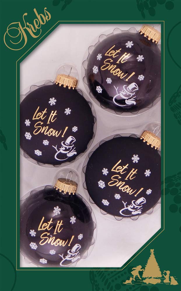 Glass Christmas Tree Ornaments - 67mm/2.63" [4 Pieces] Decorated Balls from Christmas by Krebs Seamless Hanging Holiday Decor (Ebony Shine and Velvet with Let It Snow)