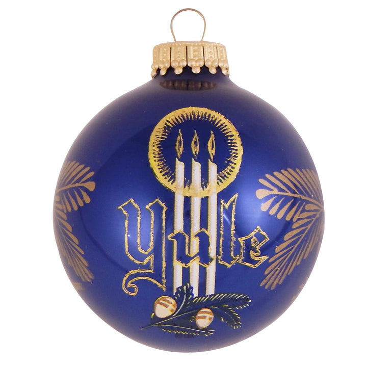 Glass Christmas Tree Ornaments - 67mm/2.625" [4 Pieces] Decorated Balls from Christmas by Krebs Seamless Hanging Holiday Decor (Indigo Blue with Yule Design)