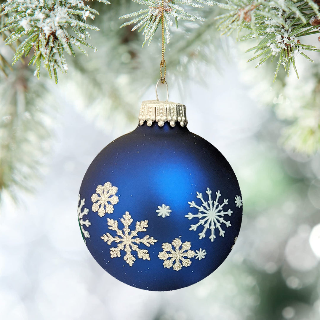 Glass Christmas Tree Ornaments - 67mm/2.63" [4 Pieces] Decorated Balls from Christmas by Krebs Seamless Hanging Holiday Decor (Blue w/ Silver Glitter and White Snowflakes)