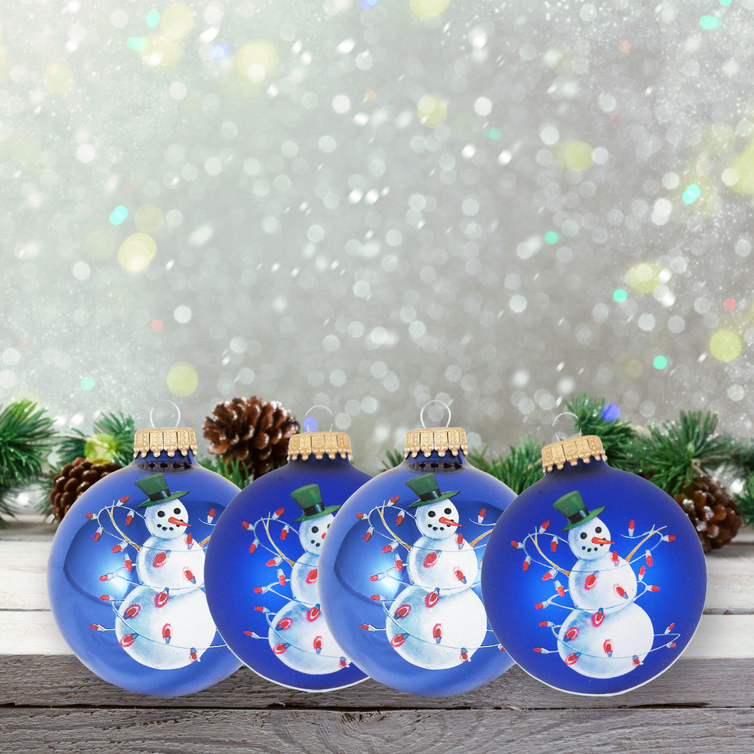 Glass Christmas Tree Ornaments - 67mm/2.63" [4 Pieces] Decorated Balls from Christmas by Krebs Seamless Hanging Holiday Decor (Victoria Blue and Royal Velvet With Snowman)