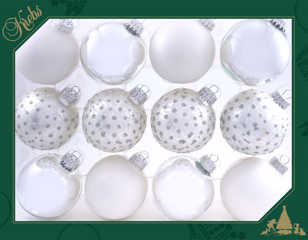 Glass Christmas Tree Ornaments - 67mm/2.63" Designer Balls from Christmas by Krebs - Seamless Hanging Holiday Decorations for Trees - Set of 12 Ornaments (Silver & White w/ Lace and Sparkles)