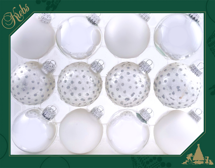 Glass Christmas Tree Ornaments - 67mm/2.63" Designer Balls from Christmas by Krebs - Seamless Hanging Holiday Decorations for Trees - Set of 12 Ornaments (Silver & White w/ Lace and Sparkles)
