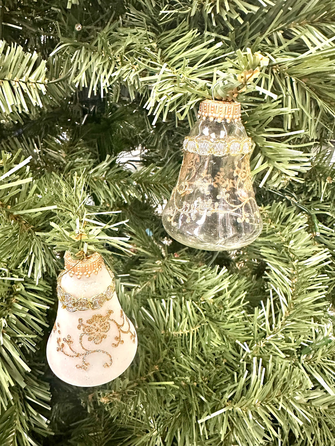 Glass Christmas Tree Ornaments - 67mm/2.63" [4 Pieces] Decorated Balls from Christmas by Krebs Seamless Hanging Holiday Decor (Clear 3" Bells with Glitterlace and Braid)