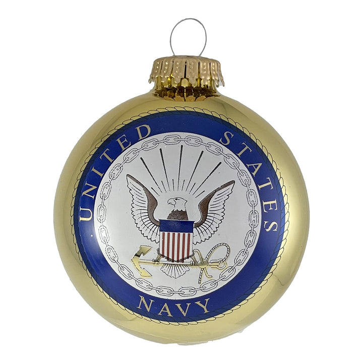 Christmas Tree Ornaments Made in the USA - 80mm / 3.25" Decorated Collectible Glass Balls from Christmas by Krebs - Handmade Hanging Holiday Decoration for Trees (USN Logo & Hymn)