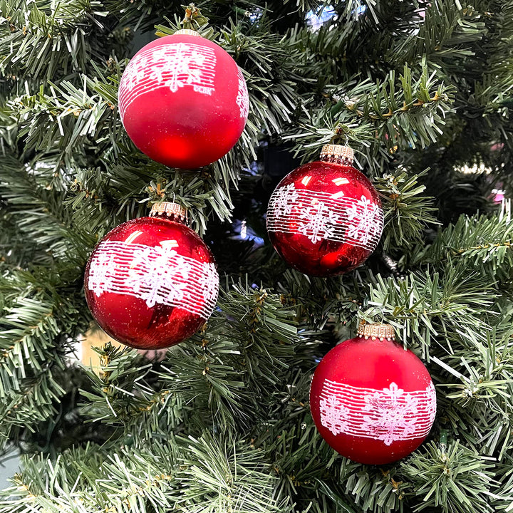 Glass Christmas Tree Ornaments - 67mm/2.63" [4 Pieces] Decorated Balls from Christmas by Krebs Seamless Hanging Holiday Decor (Brilliant Red Shine with Blowing Snowflakes)