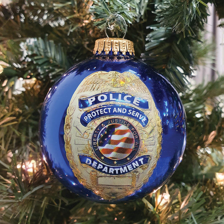 Christmas Tree Ornaments - 80mm / 3.25" Decorated Collectible Glass Balls from Christmas by Krebs - Handmade Hanging Holiday Decorations for Trees (Victoria Blue with Police Shield Gift)