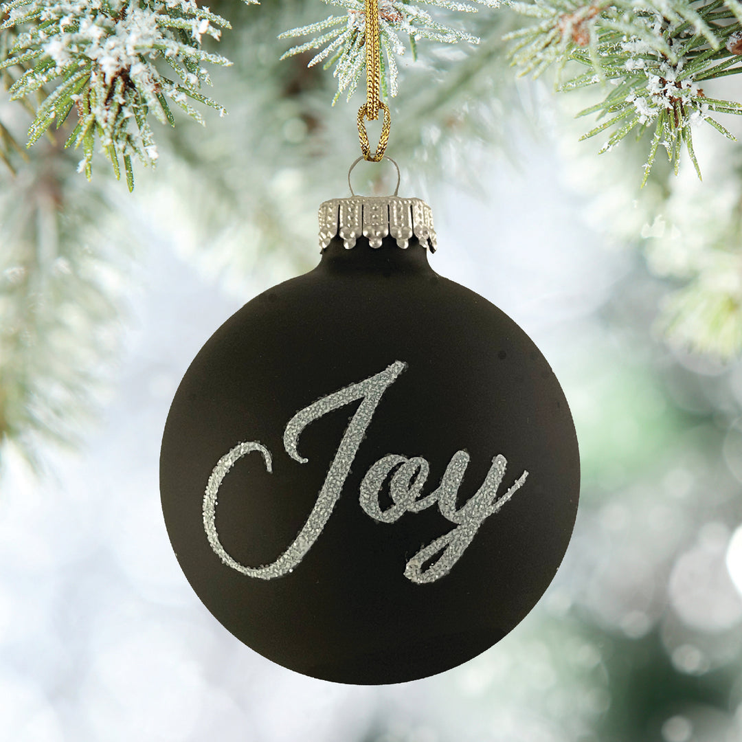Glass Christmas Tree Ornaments - 67mm/2.625" [4 Pieces] Decorated Balls from Christmas by Krebs Seamless Hanging Holiday Decor (Ebony Velvet with White Glitter Joy)