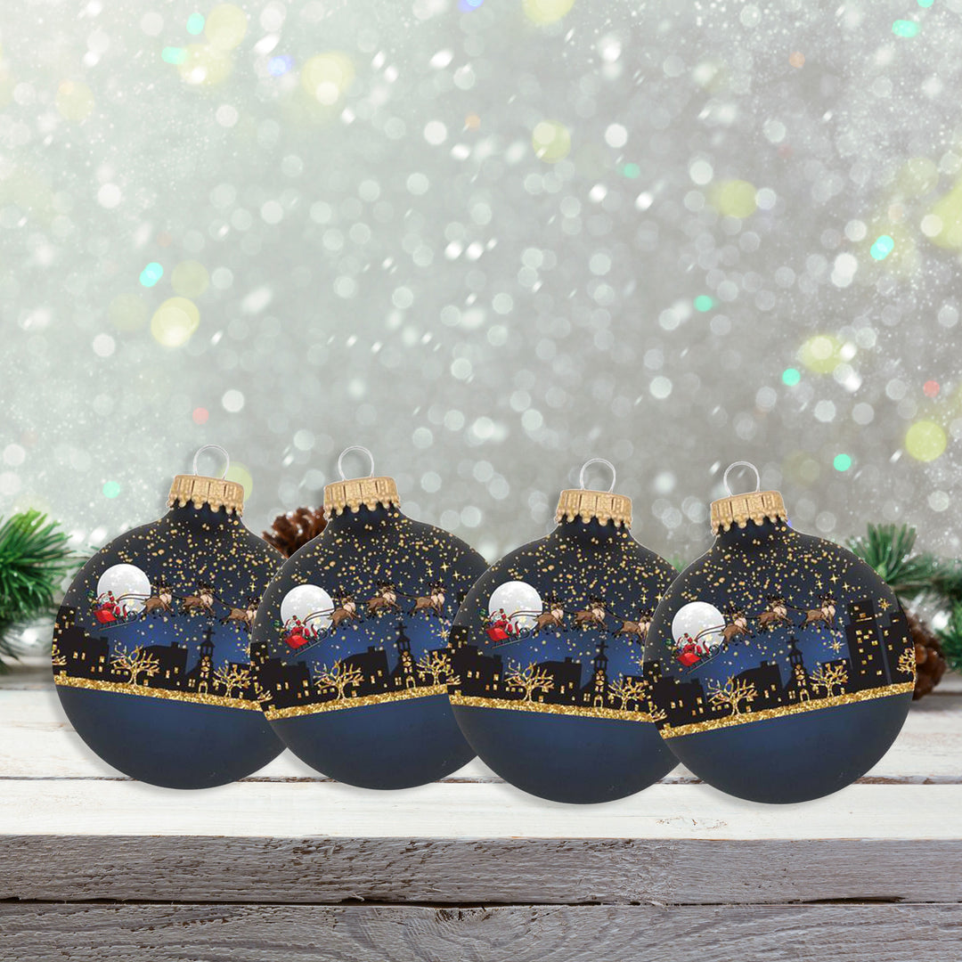 Glass Christmas Tree Ornaments - 67mm/2.63" [4 Pieces] Decorated Balls from Christmas by Krebs Seamless Hanging Holiday Decor (Midnight Haze Blue with Midnight Before Christmas)