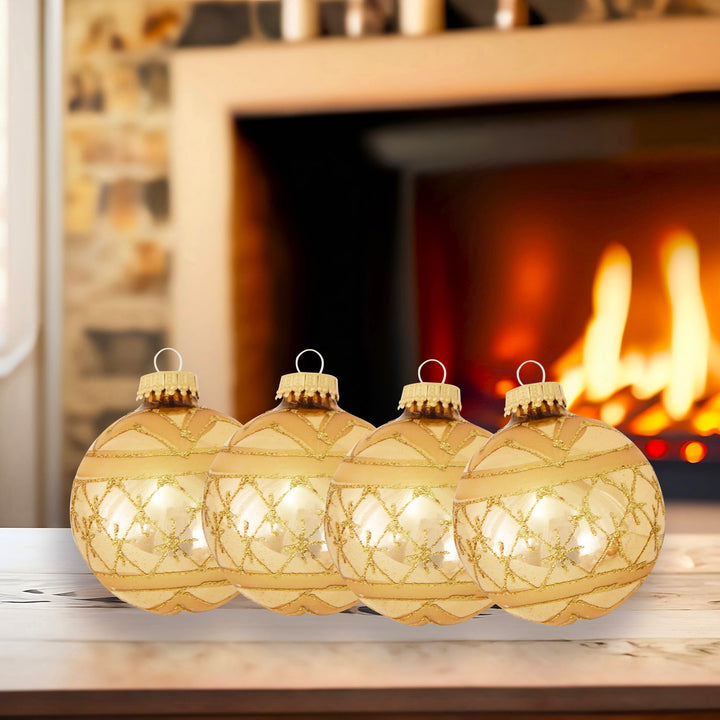 Glass Christmas Tree Ornaments - 67mm/2.63" [4 Pieces] Decorated Balls from Christmas by Krebs Seamless Hanging Holiday Decor (Aztec Gold with Gold Lattice Band)